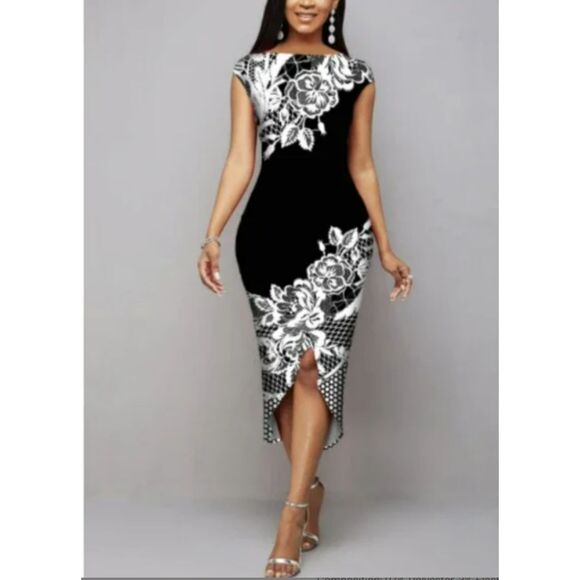 104 Elegant Black & White Floral Print Midi Dress with Asymmetrical Hem - Picture 1 of 3